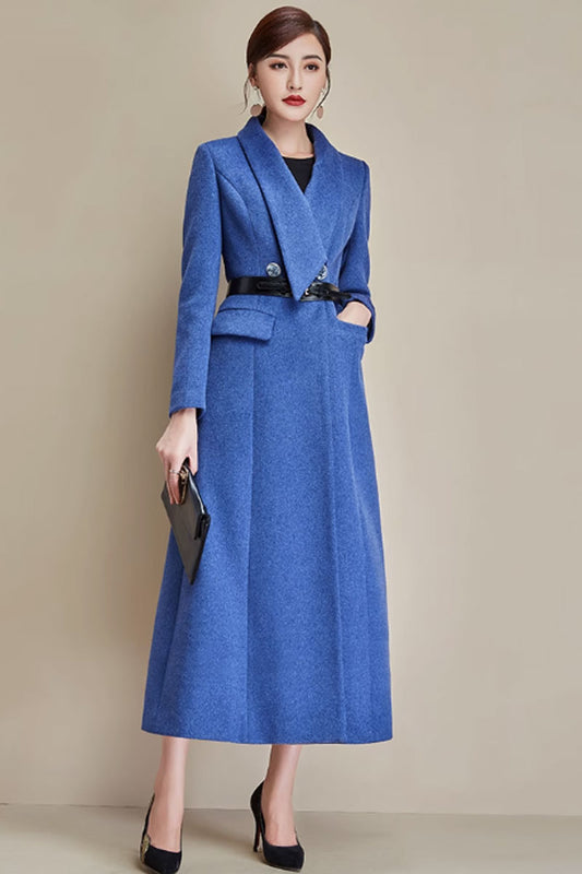 Winter long wool coat with lapel collar 4578
