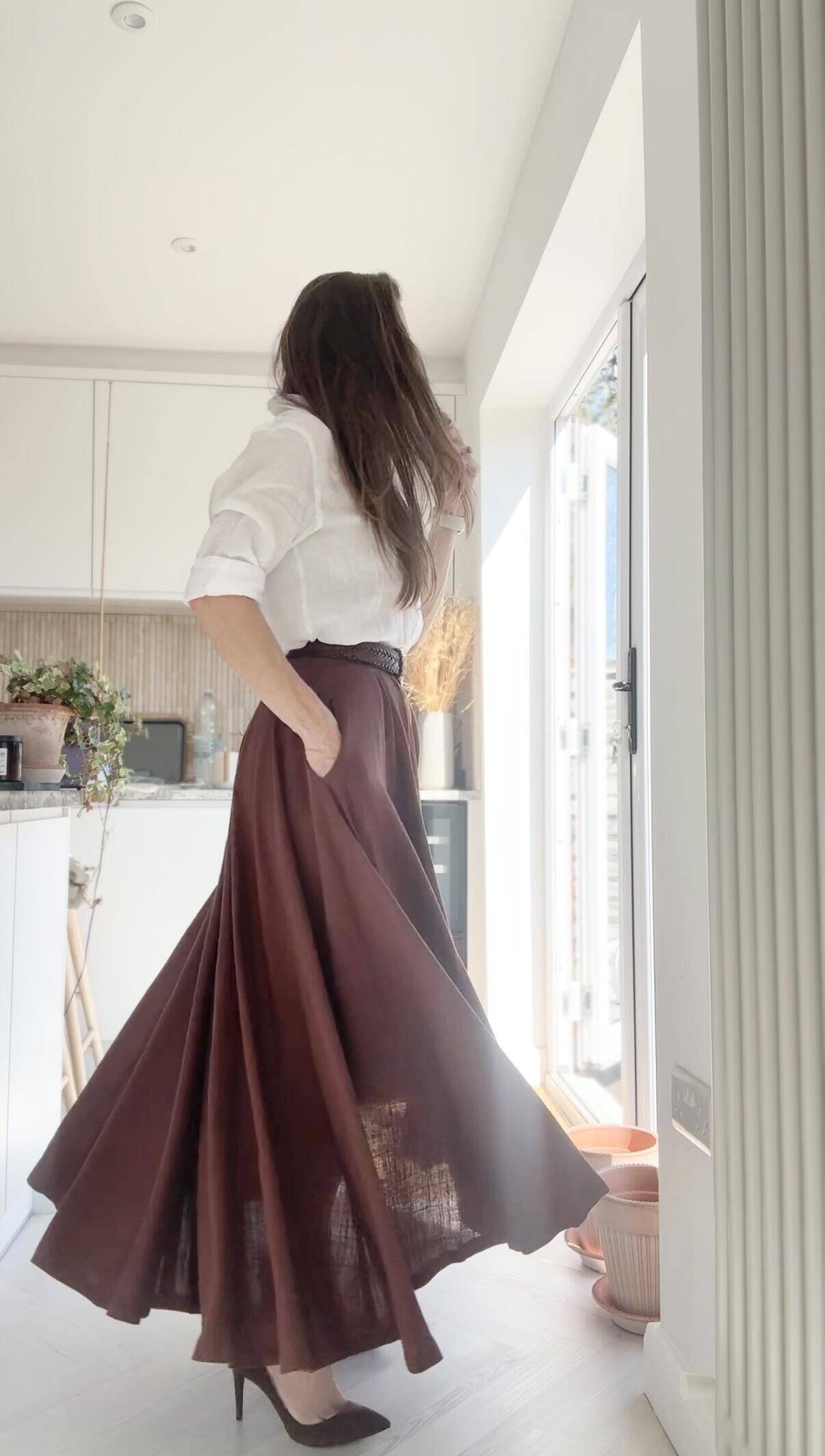 Brown Linen Maxi Circle Skirt - Pleated A-Line | Xiaolizi 6946