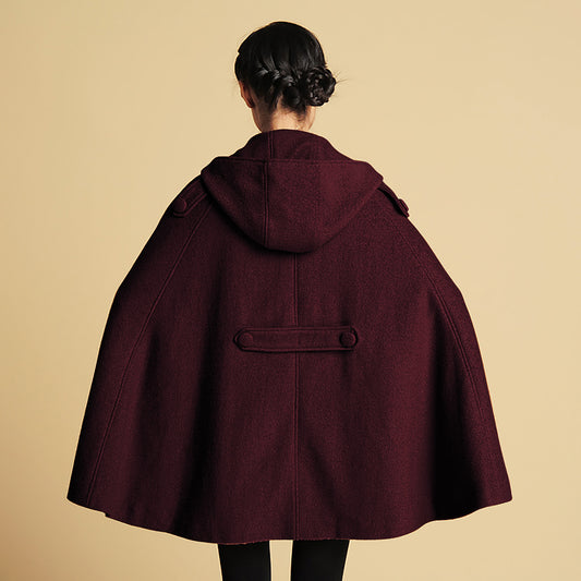 Handmade Burgundy Wool Cape Coat – Hooded Double-Breasted Winter Overcoat | Xiaolizi 3259