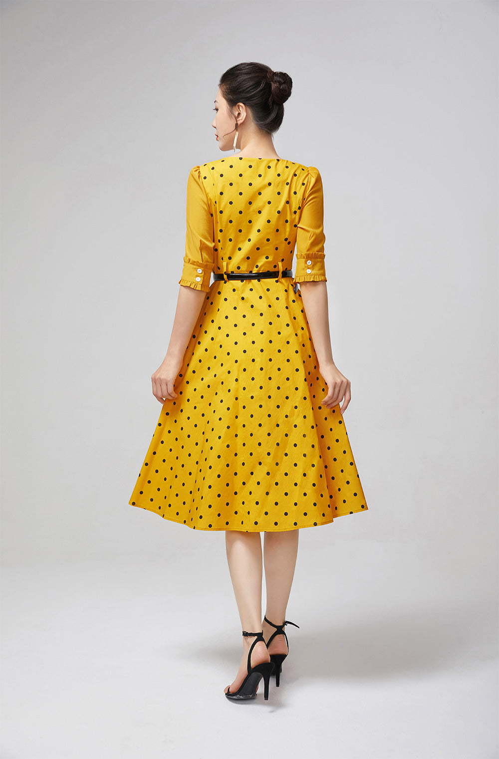 Vintage-Inspired Yellow Polka Dot Dress for Women 2217
