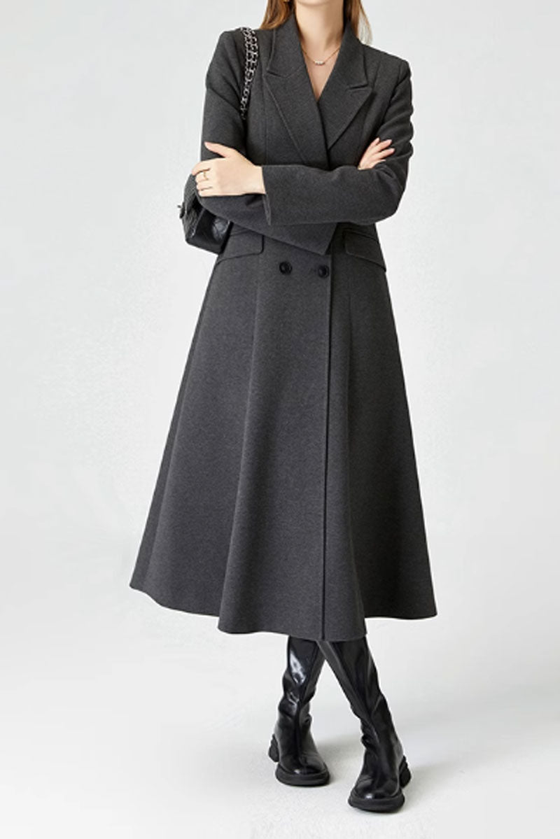 Black Wool Blend Long Coat - Double Breasted Belted | Xiaolizi 4576
