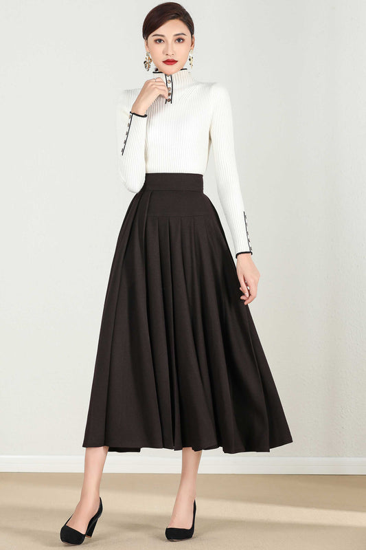 Handmade Chocolate Brown Wool Midi Skirt – Vintage A-Line Winter Skirt | Xiaolizi 2432