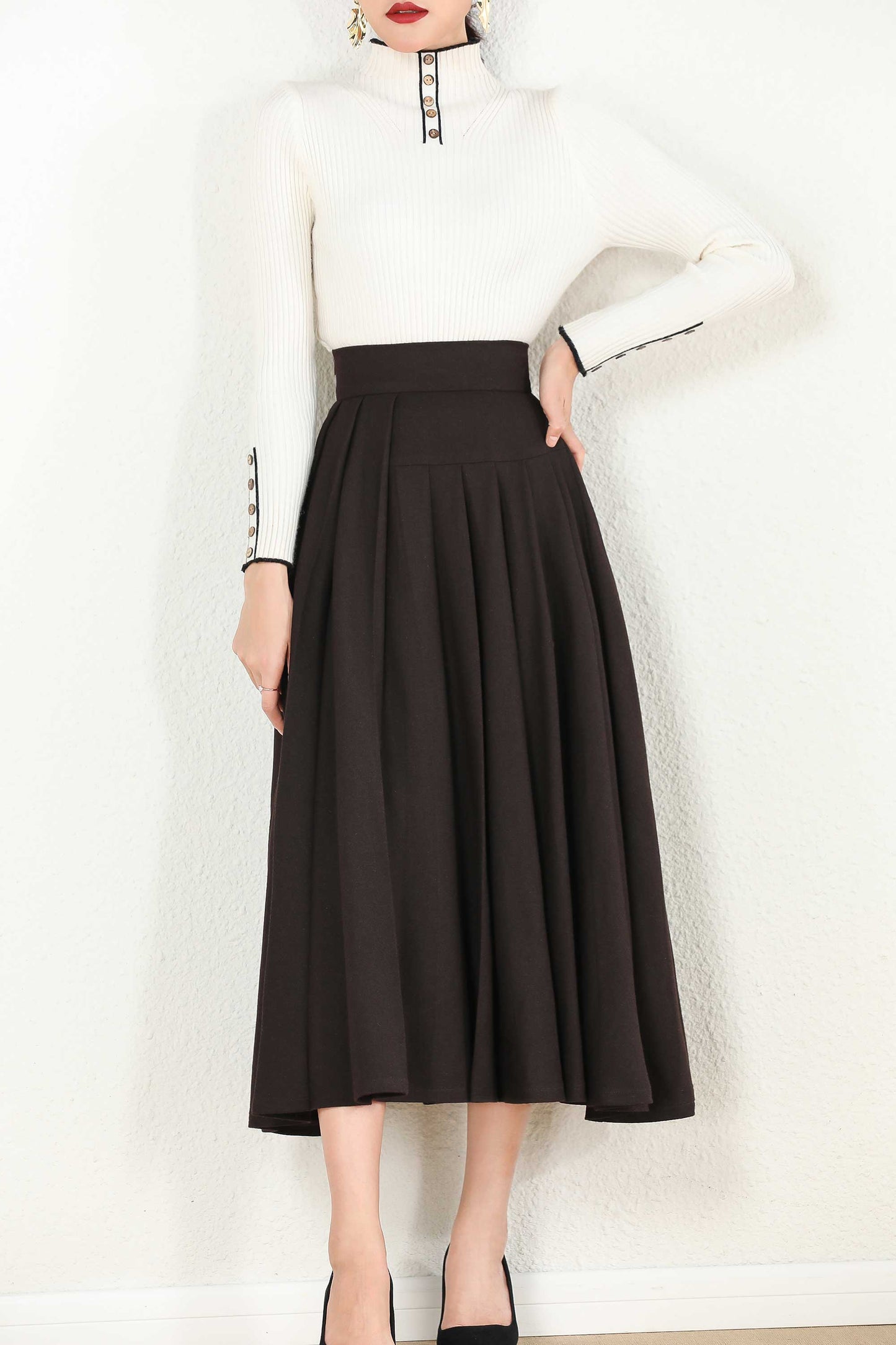 Handmade Chocolate Brown Wool Midi Skirt – Vintage A-Line Winter Skirt | Xiaolizi 2432