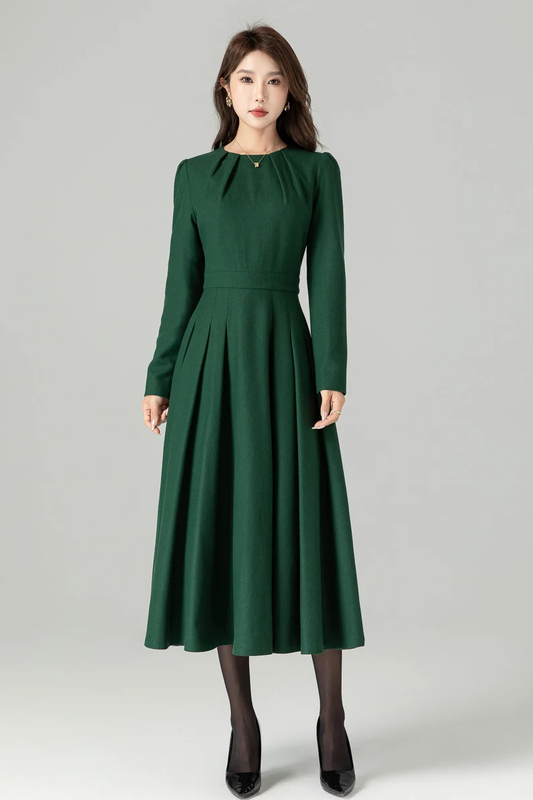 Classic Fit and Flare Wool Dress – Dark Green Midi with Pleated Skirt – 4494