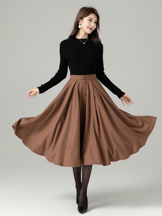 Brown Wool Blend Midi Skirt – Handmade A-Line Button Front Winter Elegance 4496
