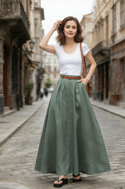 Handmade Elegant Green Button-Down Midi Skirt for Women 6766