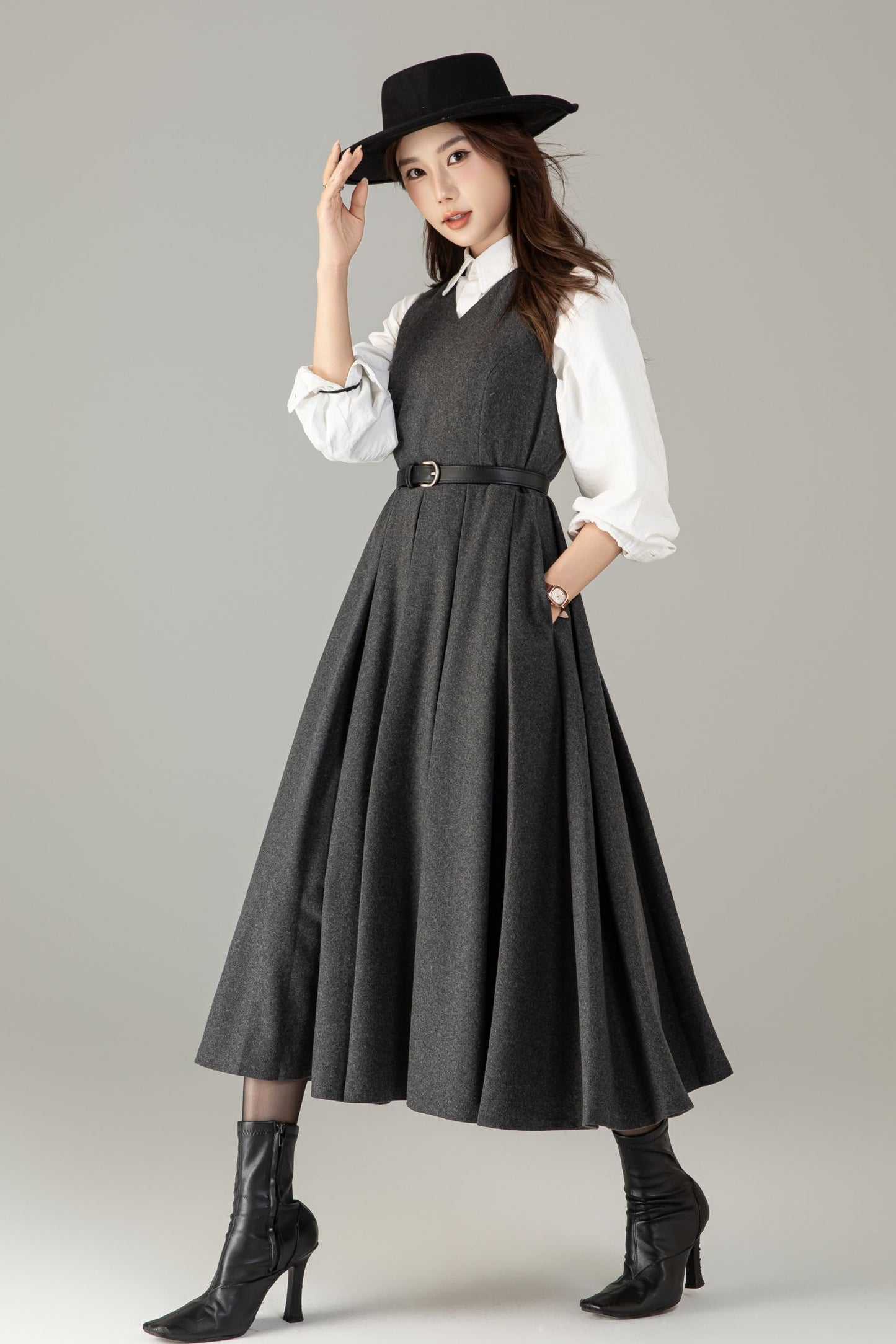 Handmade Wool Blend A-Line Midi Dress – Vintage Winter Swing Style | Xiaolizi 6498