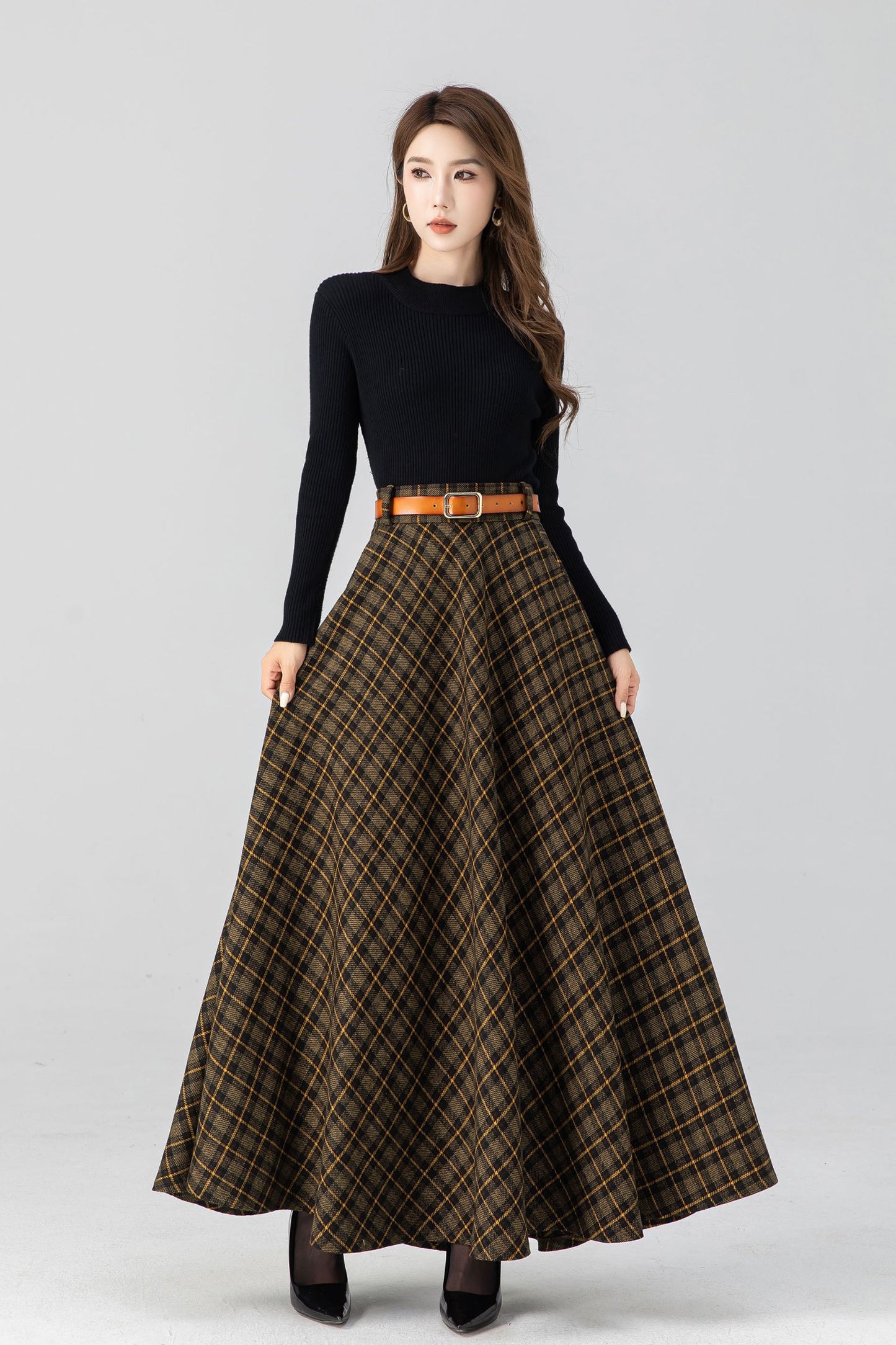 Handmade Brown Plaid Wool Maxi Skirt – High Waist Pleated Winter Long Skirt | Xiaolizi 4666