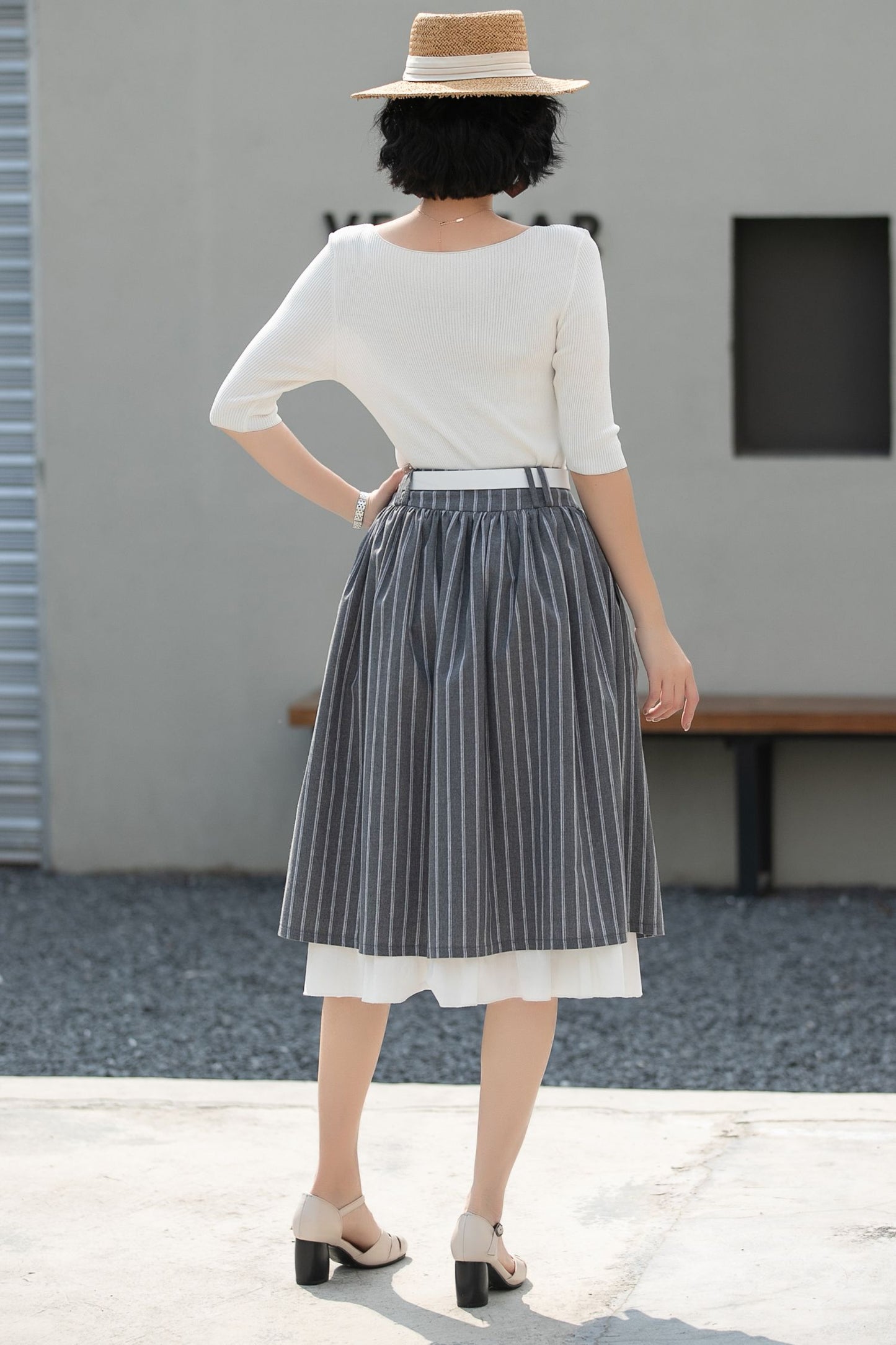 Xiaolizi Striped Linen Midi Skirt – Handmade High Waisted A-Line Summer Skirt 6686