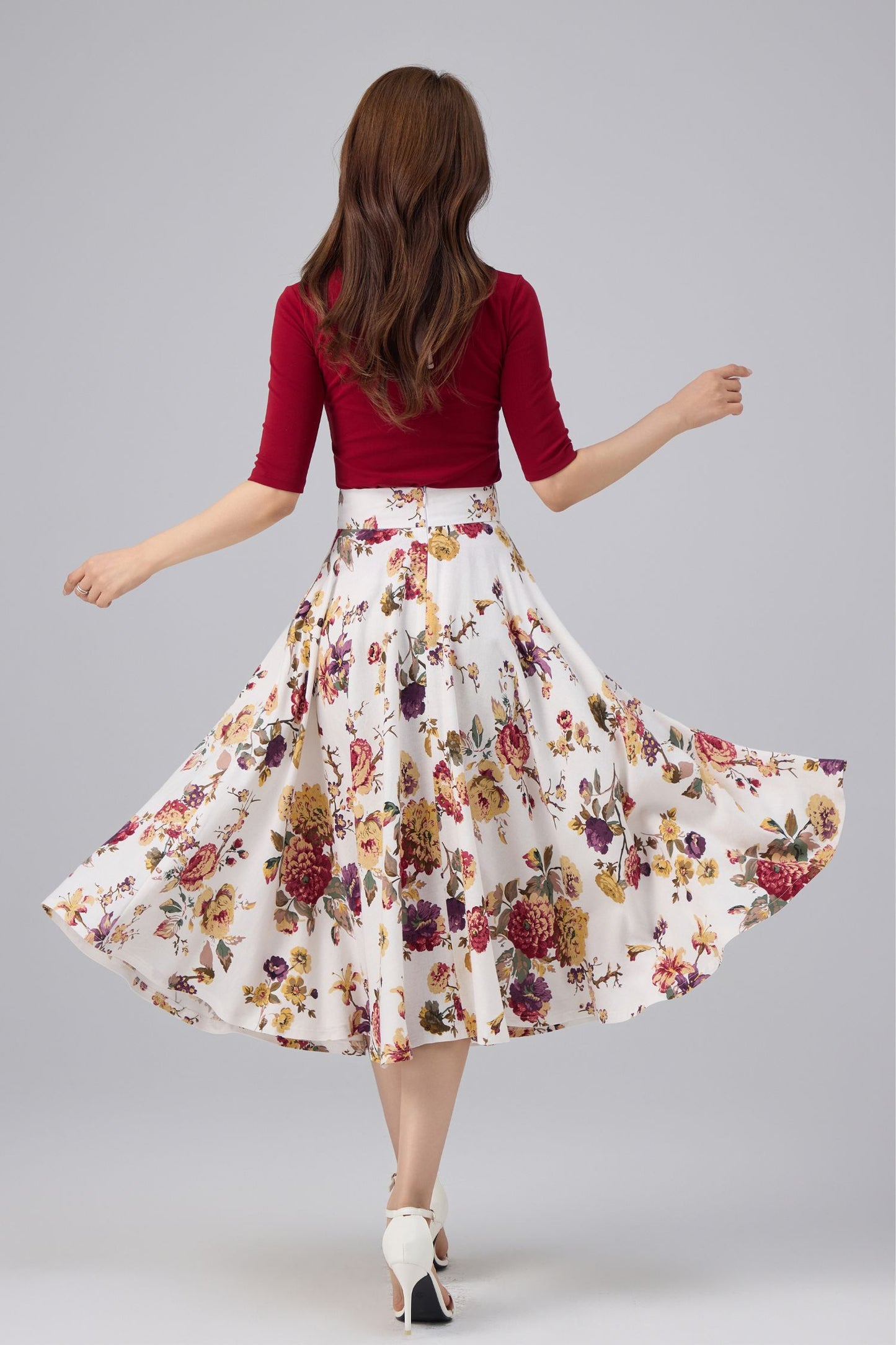 White Floral Cotton Linen Midi Skirt - High Waist, A-line Swing | Xiaolizi 6764
