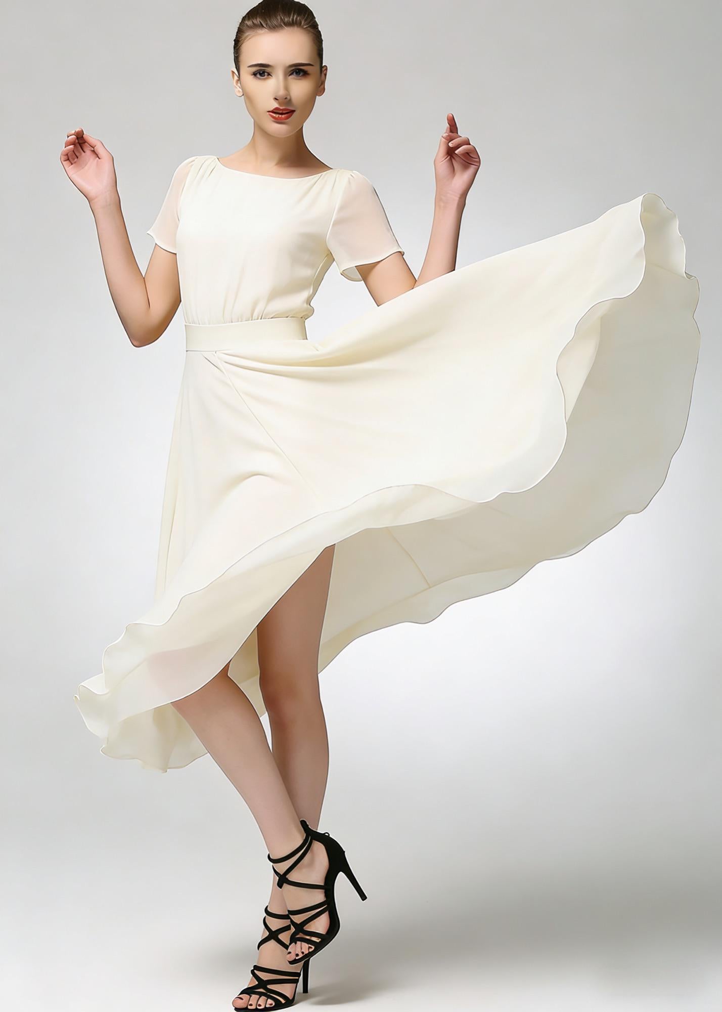 Beige Chiffon Midi Dress with Short Sleeves and Flowing Skirt | Xiaolizi 6782