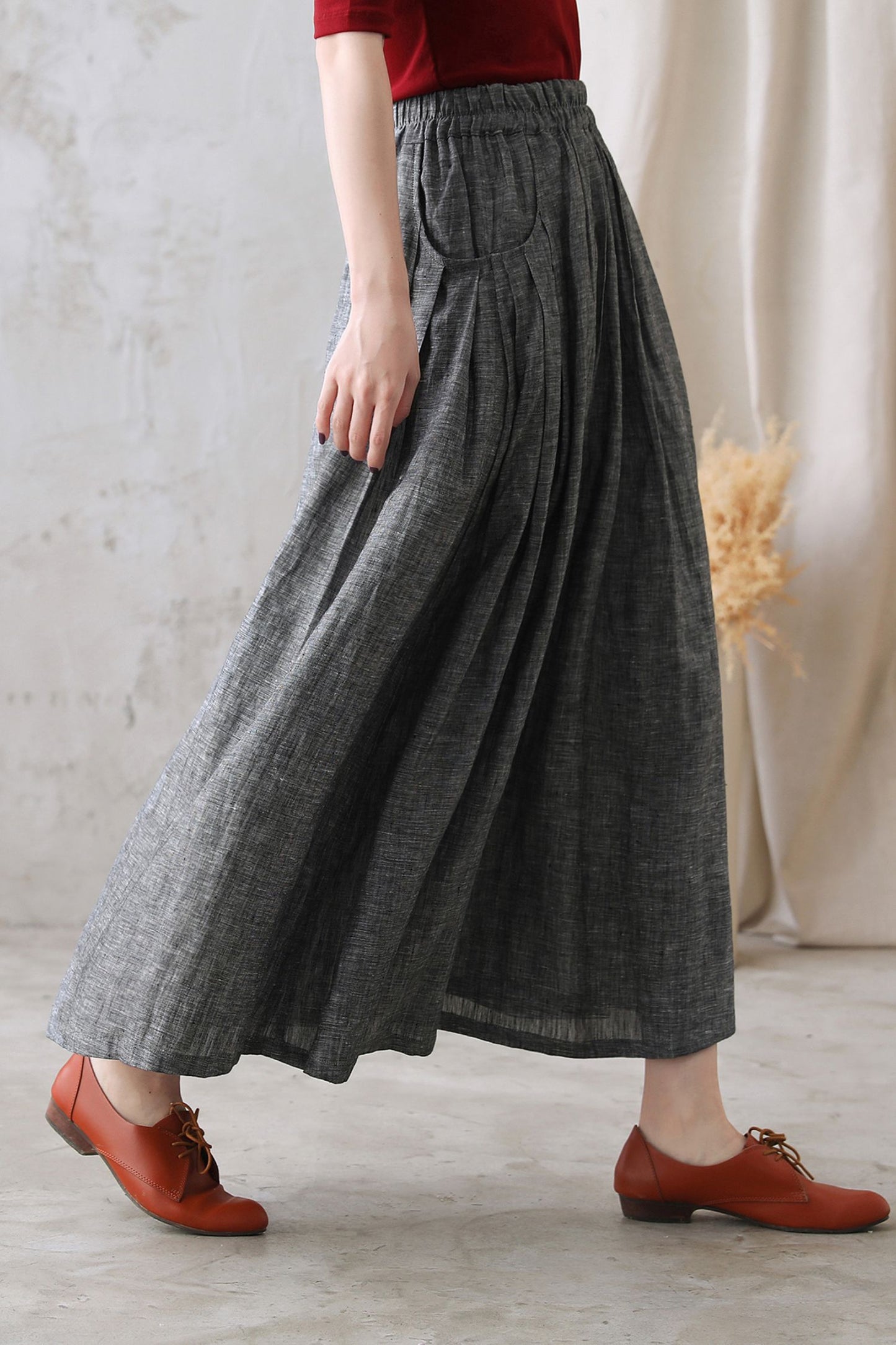 Grey Linen Cotton Maxi Skirt – Pleated Flare Skirt with Elastic Waist 2772