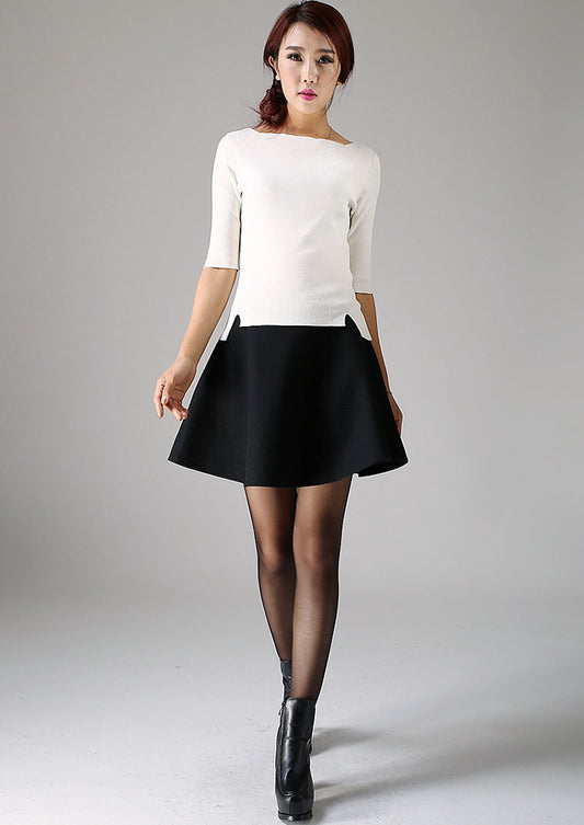 Black Wool Blend Mini Skirt - High Waisted A-Line Pleated 1101