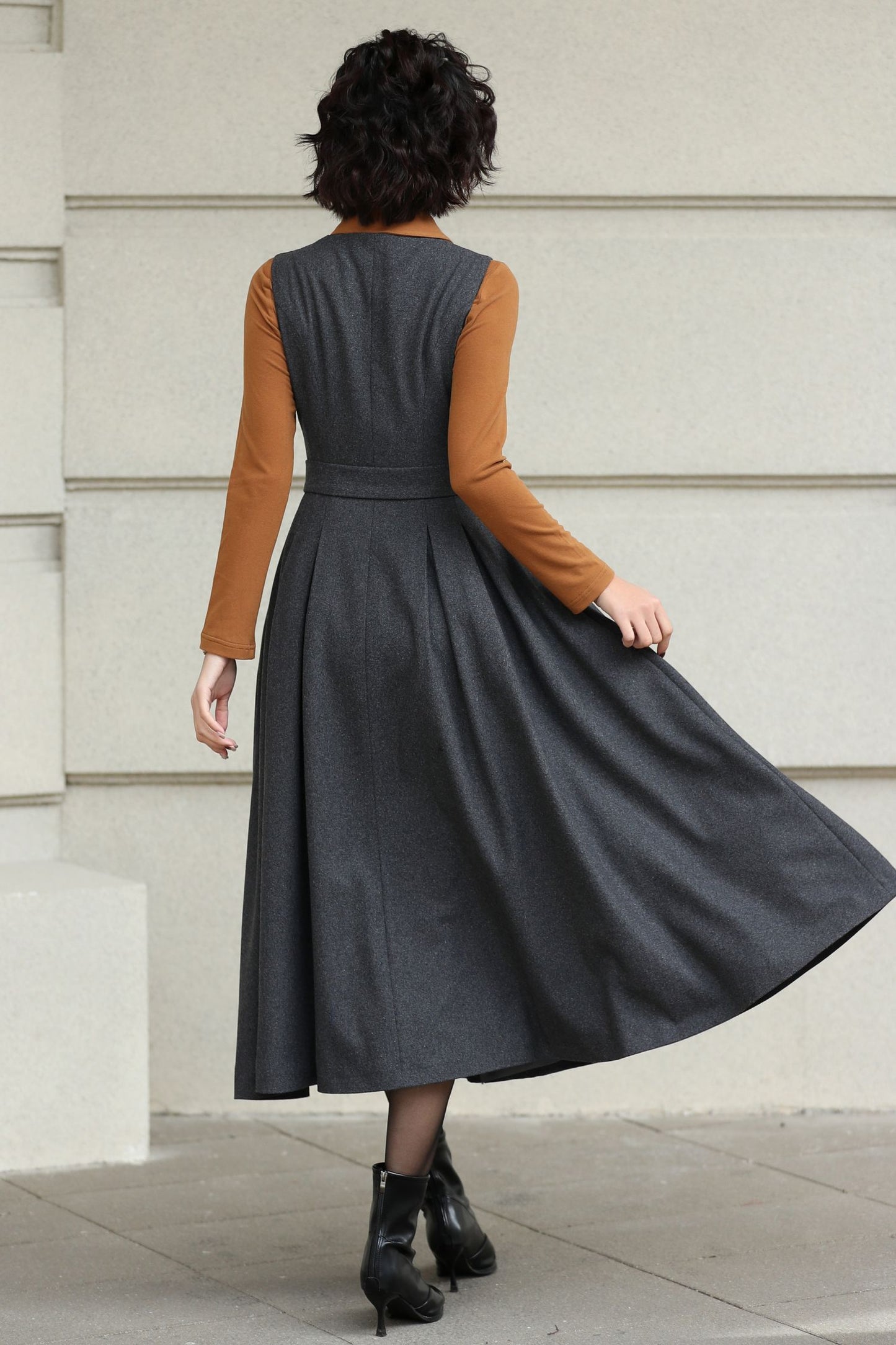 Gray Handmade Wool Pinafore Midi Dress – Vintage A-Line Style 6614