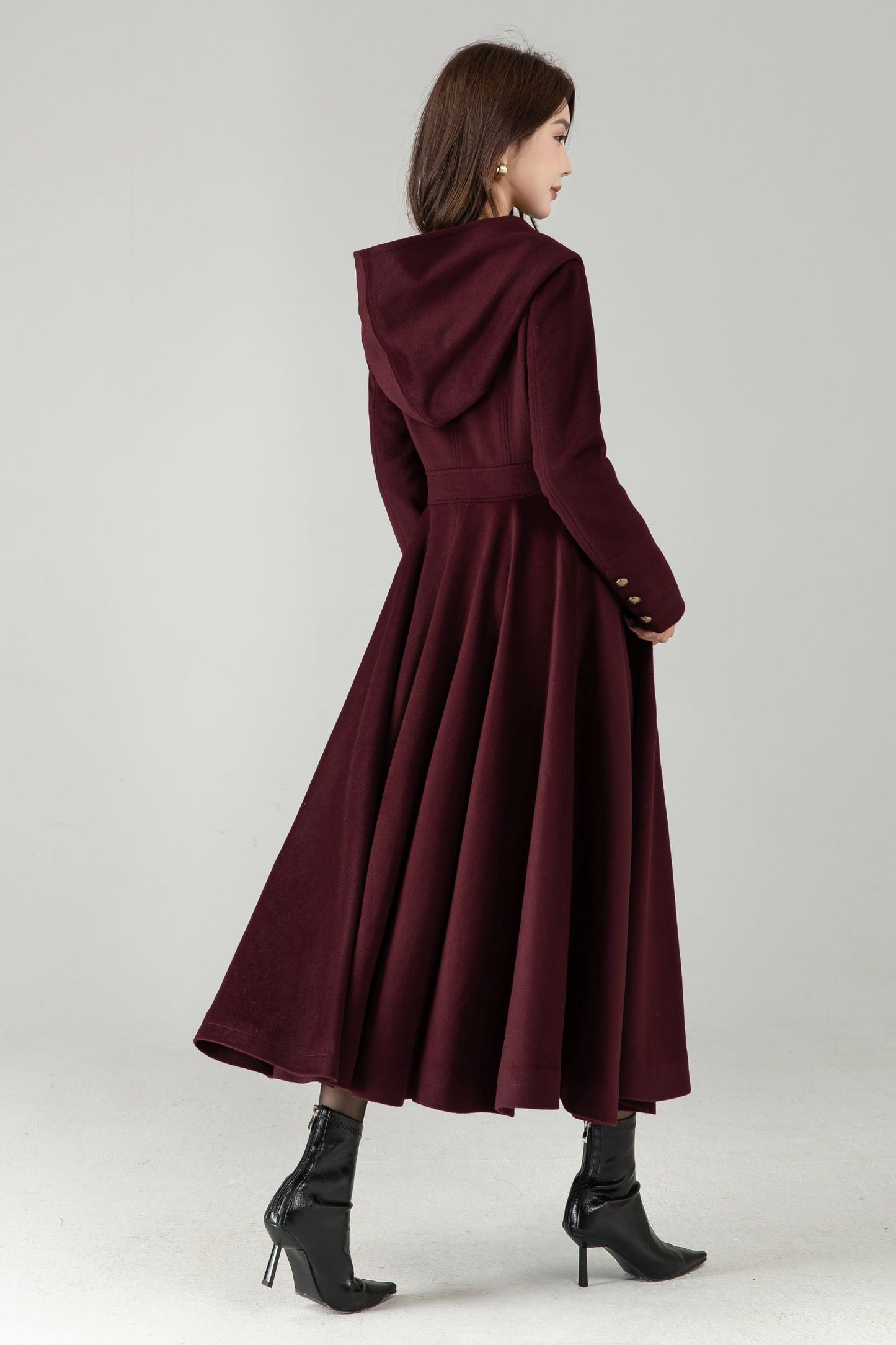 Hooded Burgundy Wool Coat – Elegant Double-Breasted Long Swing Coat | Xiaolizi 6573
