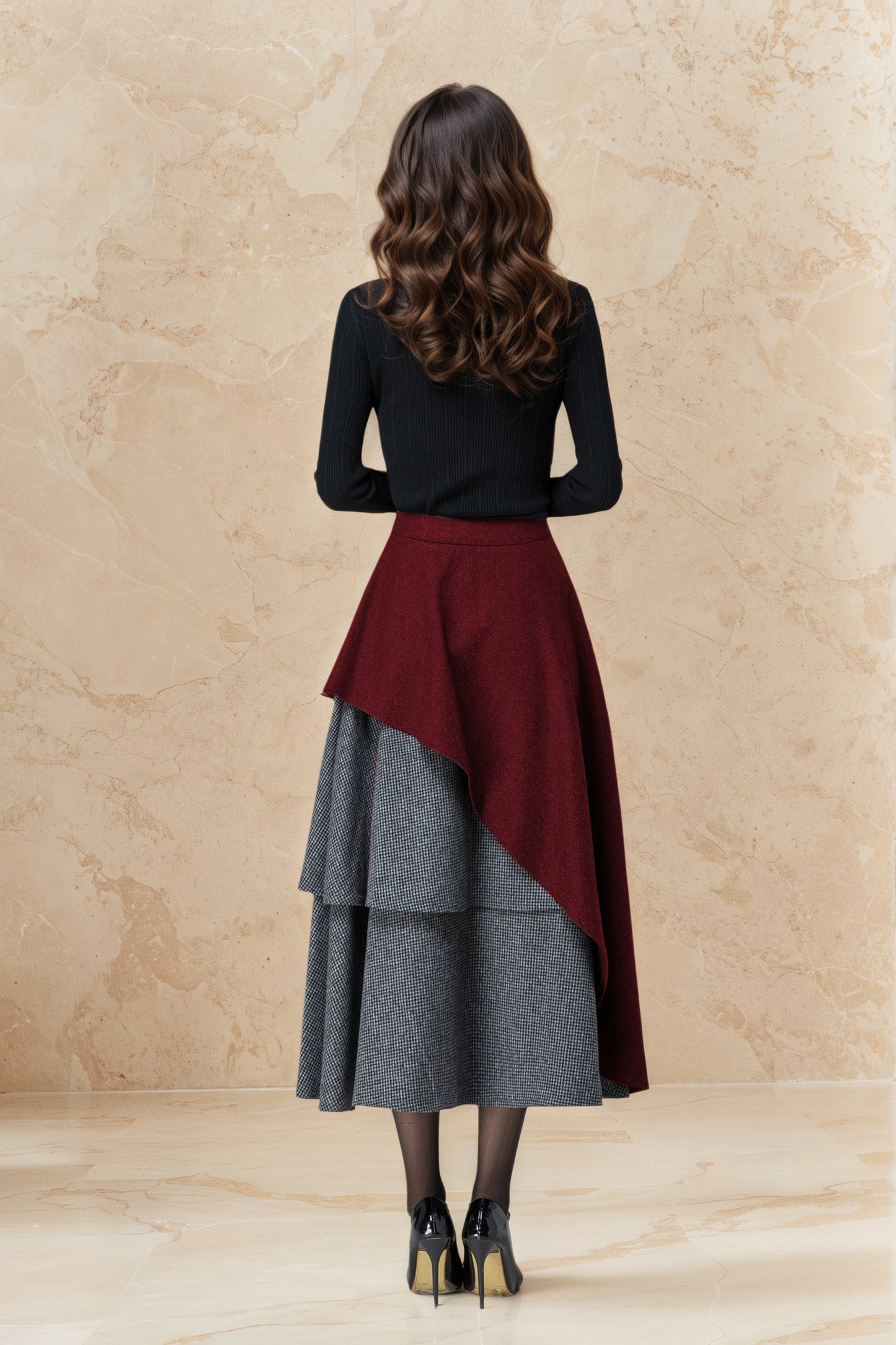 Vintage Wool Maxi Skirt Dark Red – Layered Houndstooth Detail – 6516