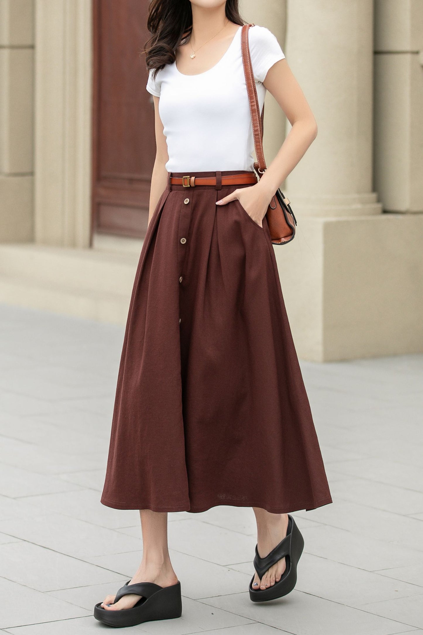 A line brown button front midi linen skirt 4949