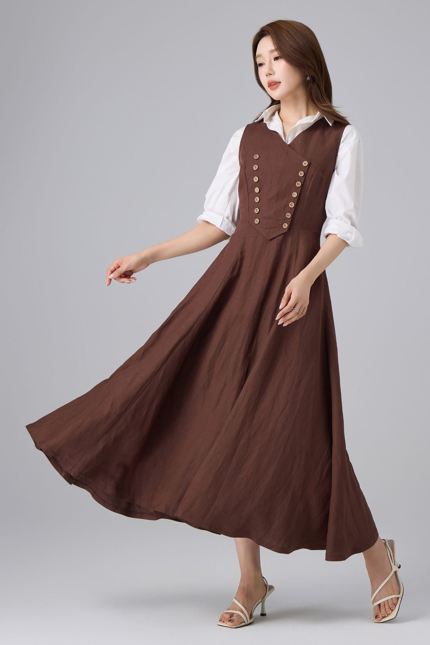 Brown Linen Pinafore Dress - V Neck A-Line Midi | Xiaolizi 6757