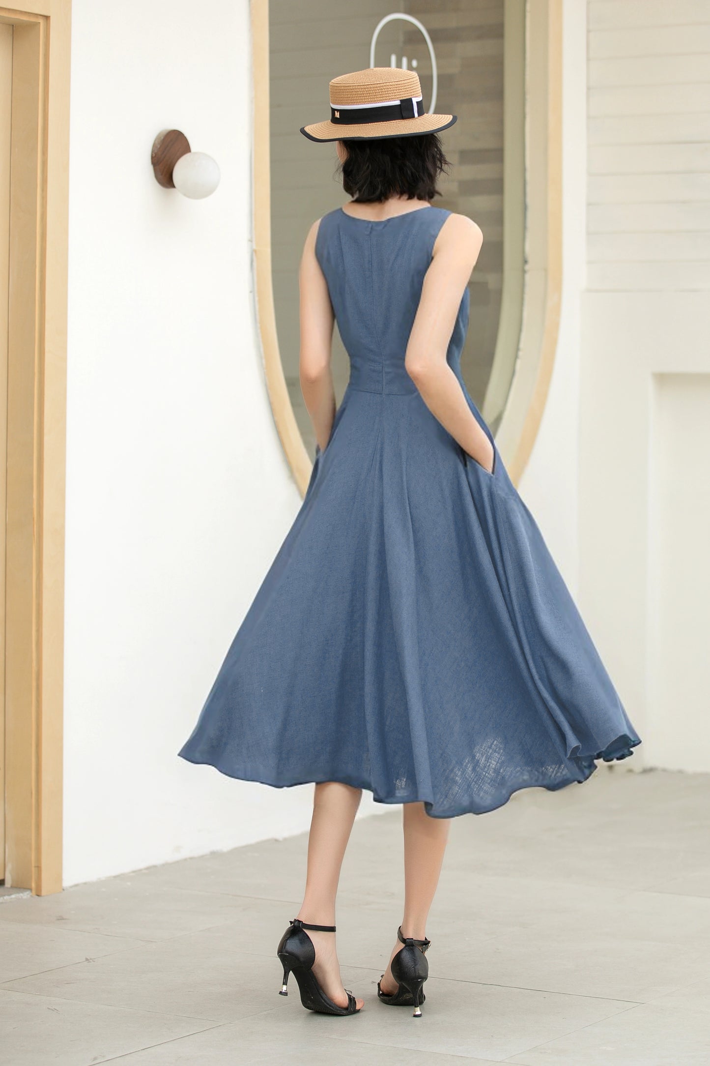 Stylish A-Line Linen Suspender Dress with Square Neckline | Xiaolizi 6071