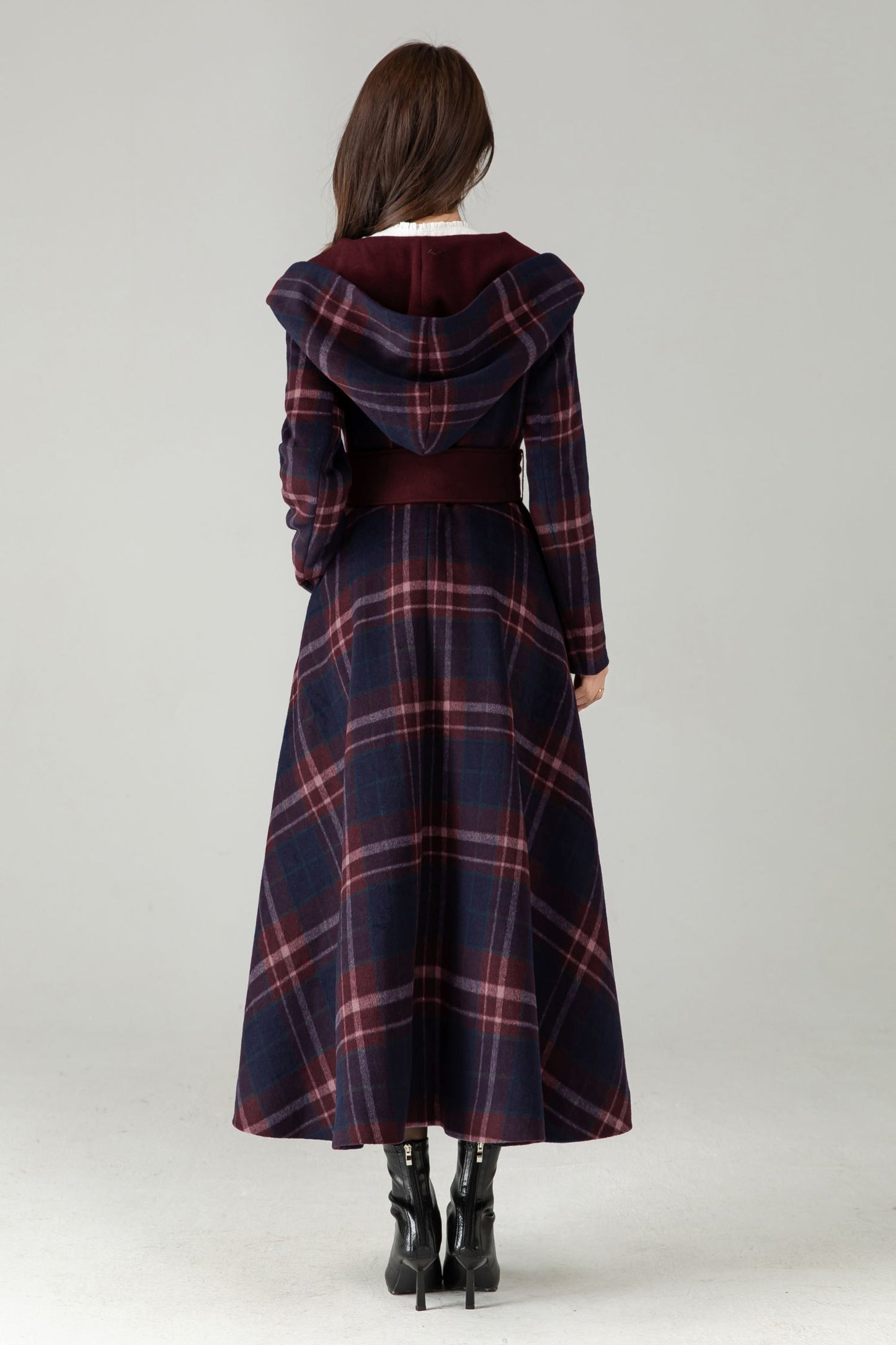 Plaid Hooded Wool Coat – A-Line Long Winter Coat with Contrast Lapel | Xiaolizi 6570