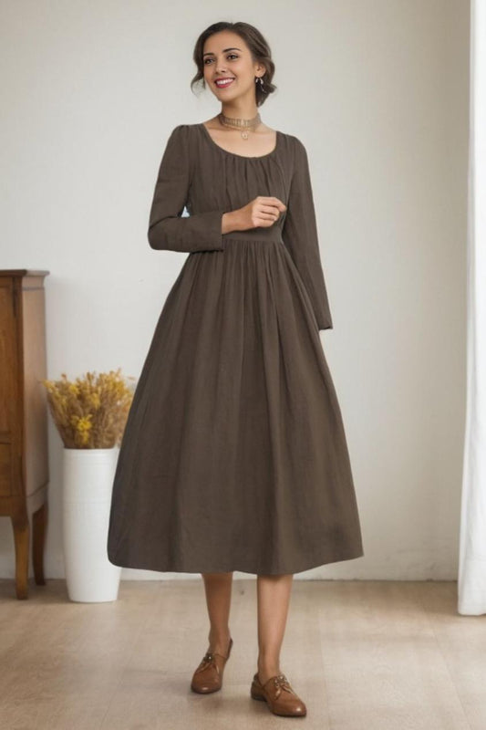 Brown Linen Midi Dress - A-Line Silhouette with Long Sleeves 5515