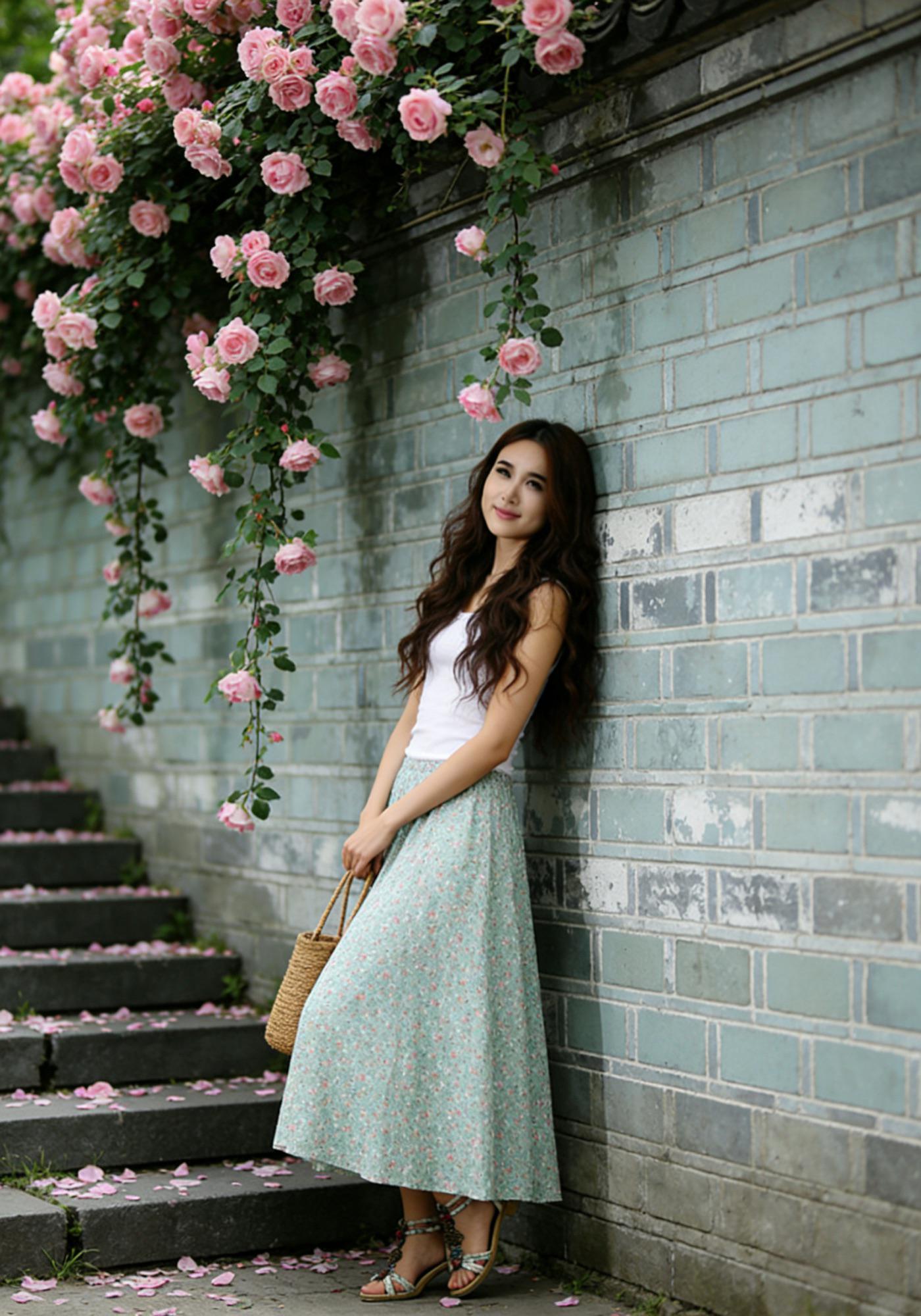 Handmade Floral Linen Cotton Skirt – Green Maxi Summer Skirt with Pockets | Xiaolizi 6784