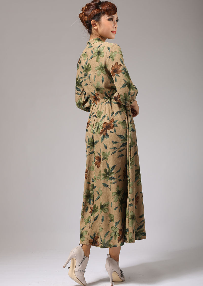 Handmade Floral Linen Shirt Dress – Vintage Drawstring Maxi Dress | Xiaolizi 696