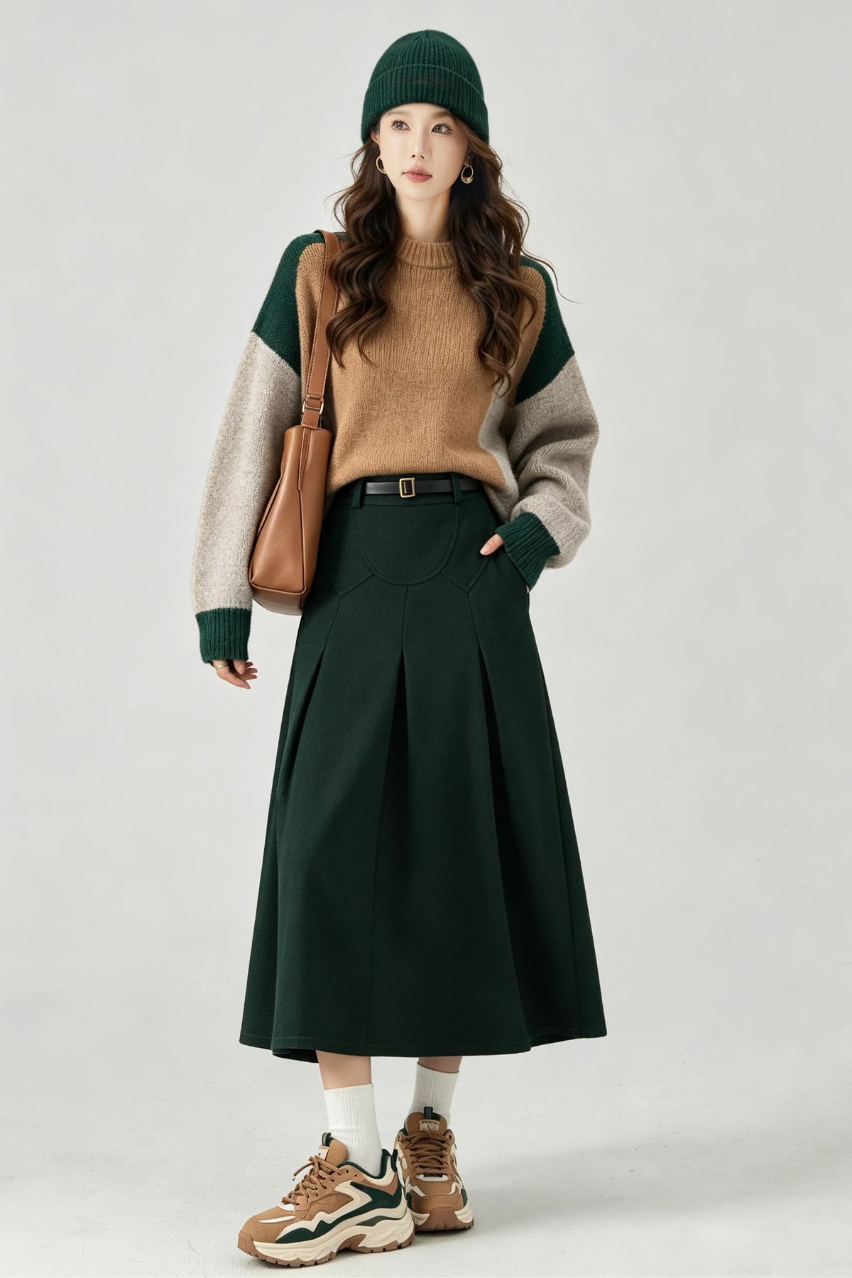 Vintage Dark Green Wool Swing Midi Skirt - High Waist A-Line Skirt 7014