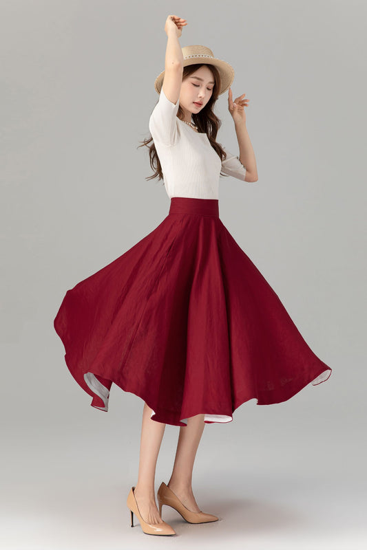 A line burgundy summer swing linen skirt 4936