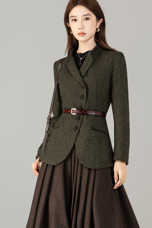 Handmade Wool Blend Herringbone Jacket – Vintage Short Coat | Xiaolizi 6496