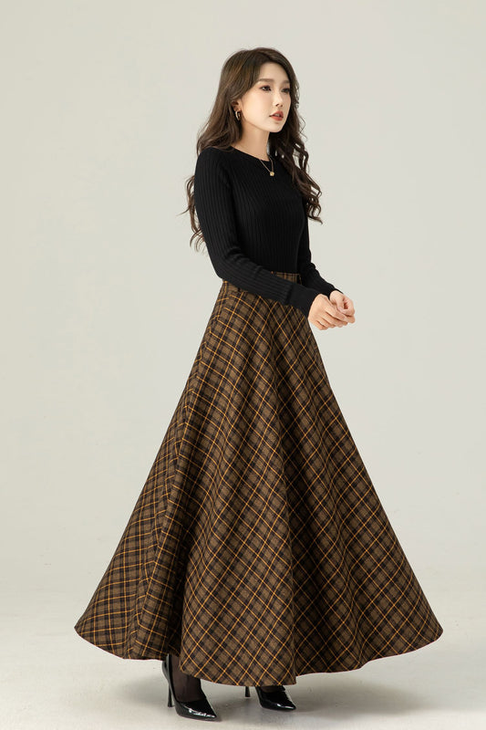 Handmade Brown Plaid Wool Maxi Skirt – High Waist Pleated Winter Long Skirt | Xiaolizi 4666