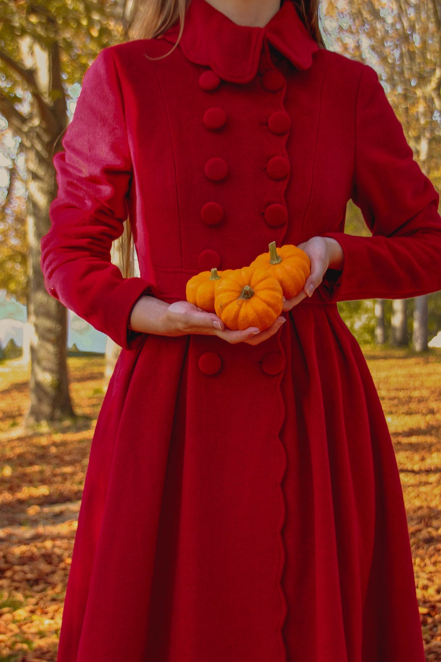 Handmade Red Wool Coat – Vintage Princess Winter Maxi Overcoat 3219