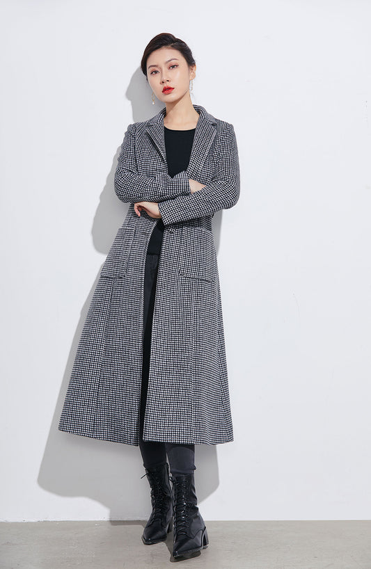 Handmade Houndstooth Wool Coat – Vintage Plaid Long Belted Winter Overcoat 2329