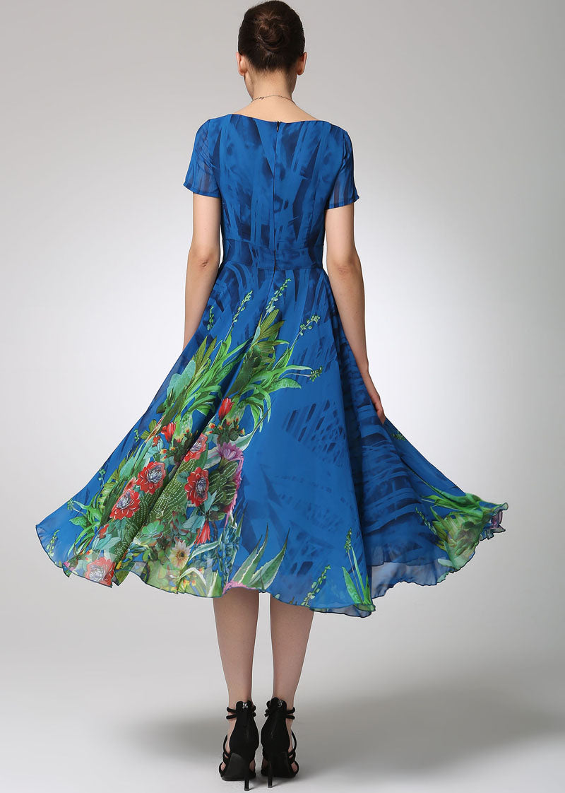 Blue Floral Chiffon Midi Dress for Women 1247
