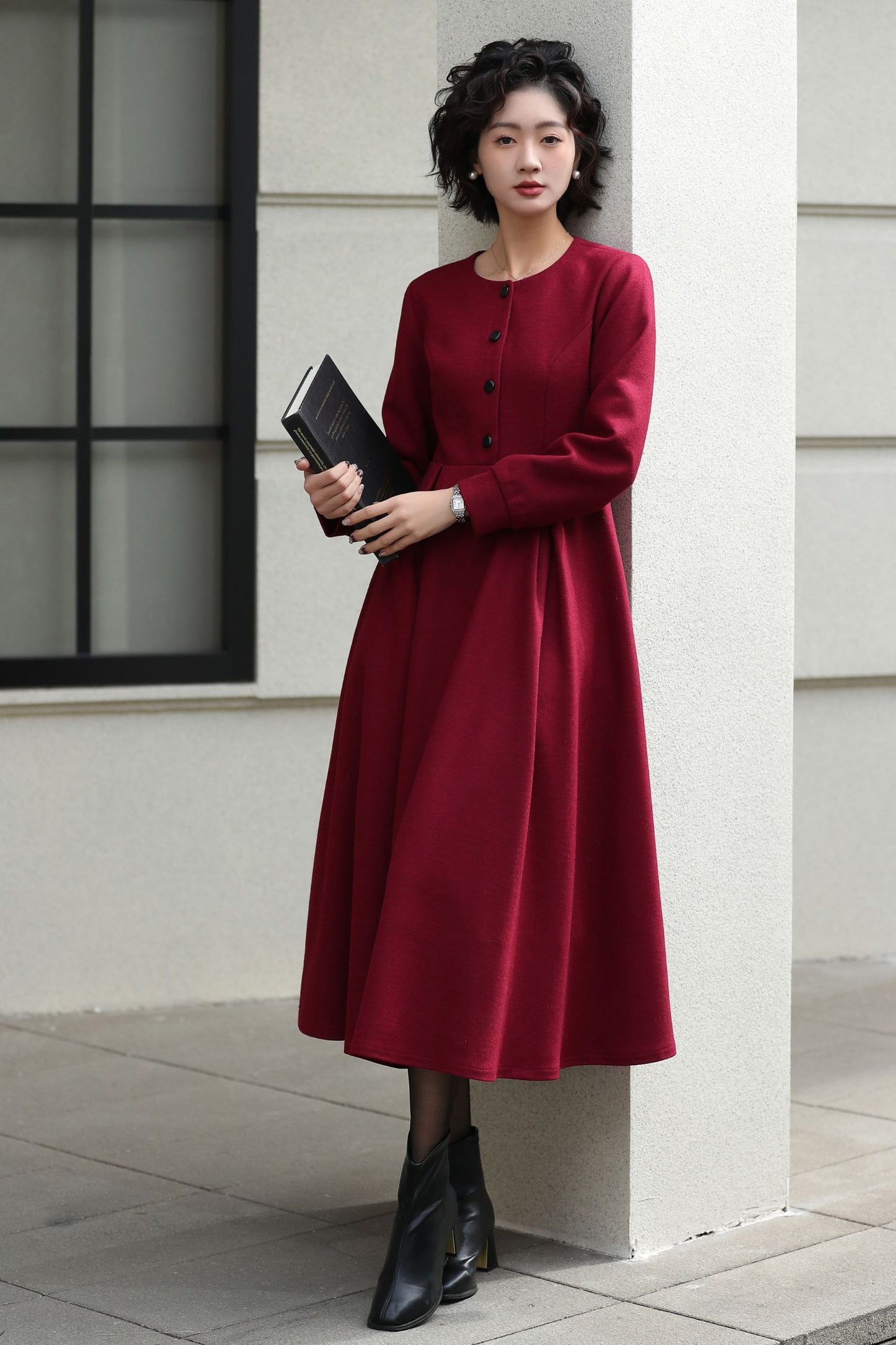 Handmade Vintage Wool Dress – Burgundy Fit and Flare Midi Dress for Winter 6612