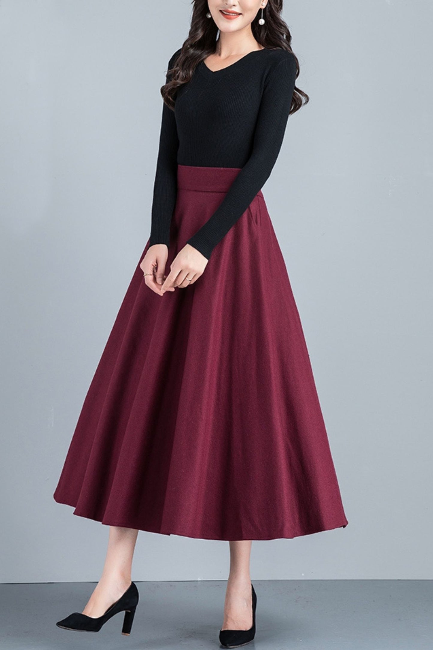 Handmade Wool Midi Skirt – Vintage A-Line High Waist with Pockets 6212