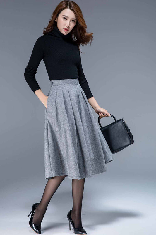 Gray Pleated Wool Midi Skirt – Handmade High Waist Winter Classic | Xiaolizi 1797