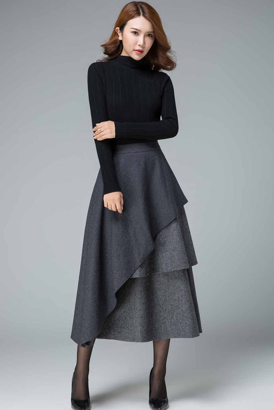 Gray Wool Layered Maxi Skirt - Tiered Houndstooth Detail 1833