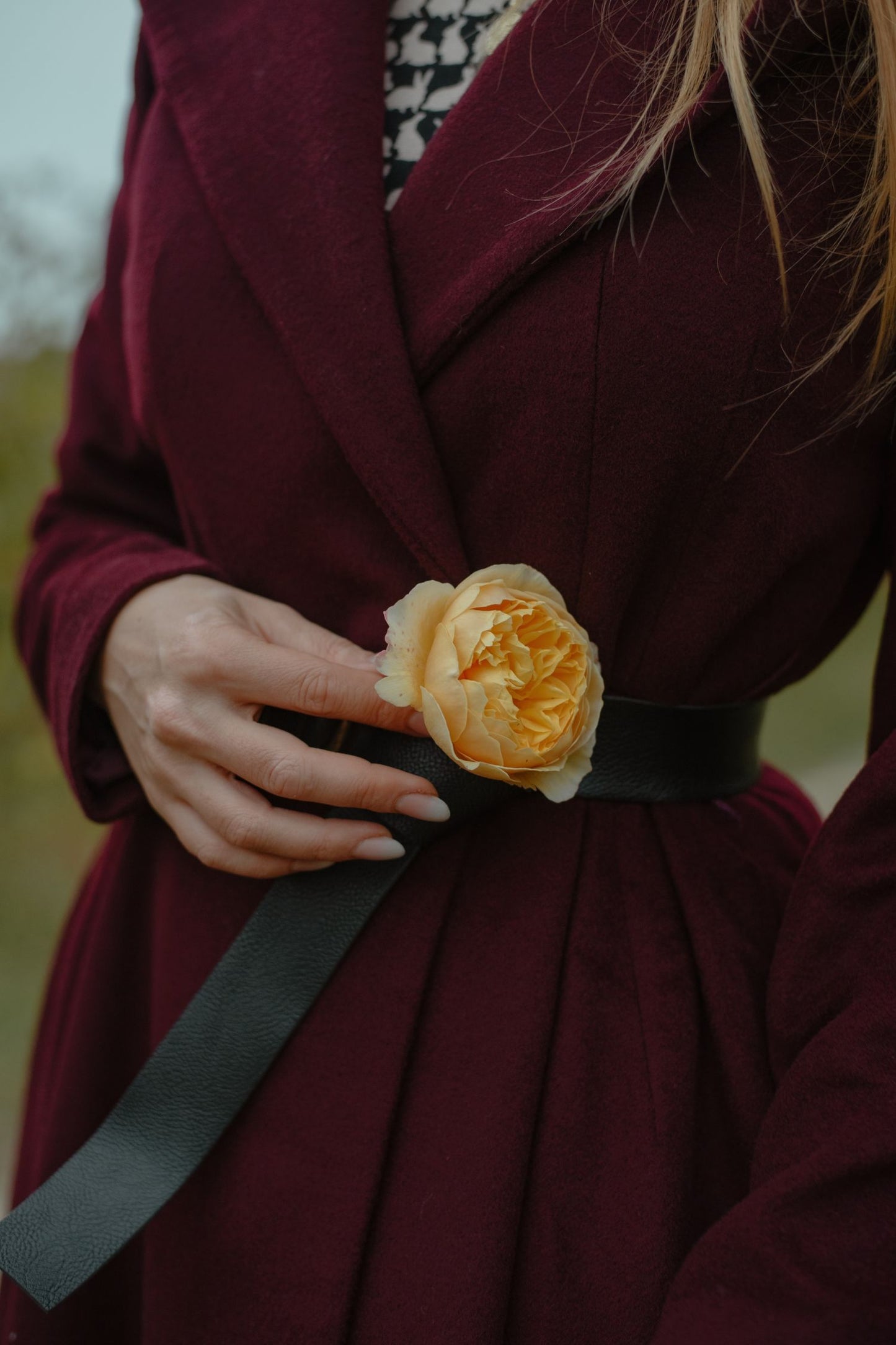 Burgundy Hooded Wool Coat – Handmade Long Belted Wool Winter Overcoat for Women 6546