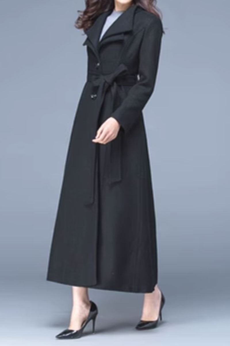 Handmade Wool Blend Coat – Elegant Lapel Maxi Overcoat with Belt & Pockets 4477