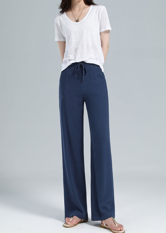 Navy Linen Blend Pants - Elastic Waist Relaxed Fit 3610