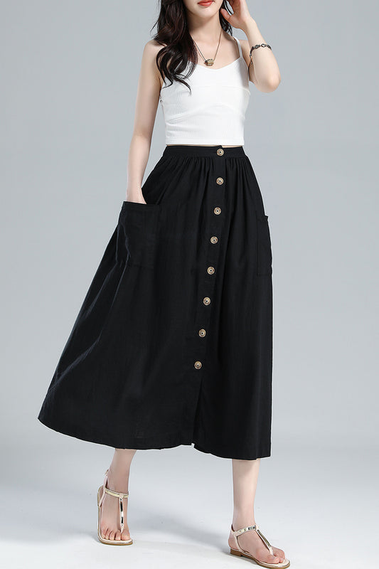 Black Linen Midi Skirt - Elastic Waist, Button Front, A-Line 3614
