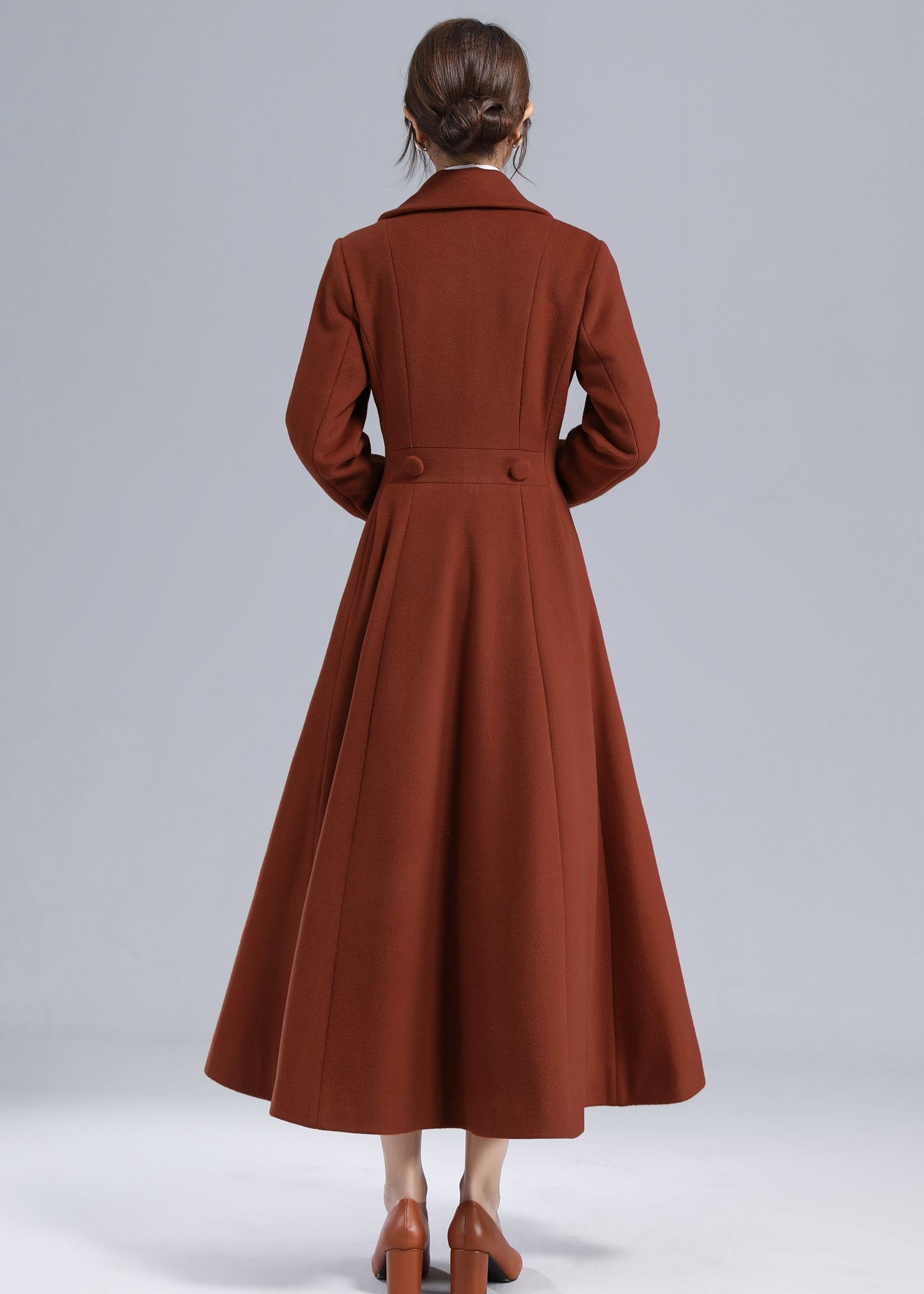 Rust Red Wool Maxi Coat – Statement Double Breasted Swing Overcoat 5495