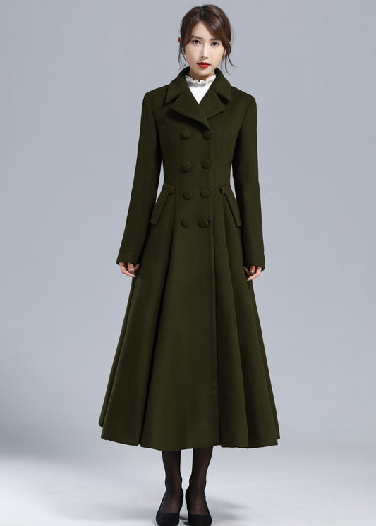 Forest Green Wool Maxi Coat – Vintage Fit and Flare Double Breasted Overcoat 5497