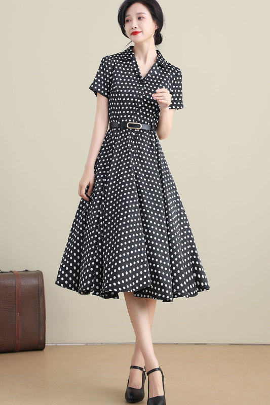 Polka Dot Shirt Waist Swing Midi Dress 3278,Size XS #CK2101693