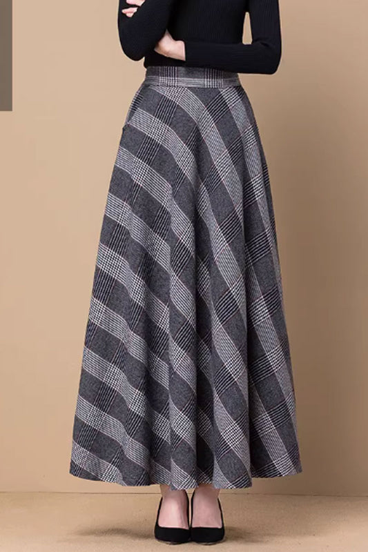 Long winter plaid wool skirt women 4639-2