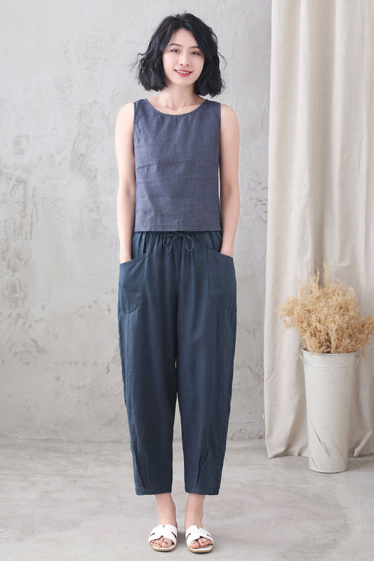 Blue Checked linen Tank Top 3338,Size XS #CK2200253