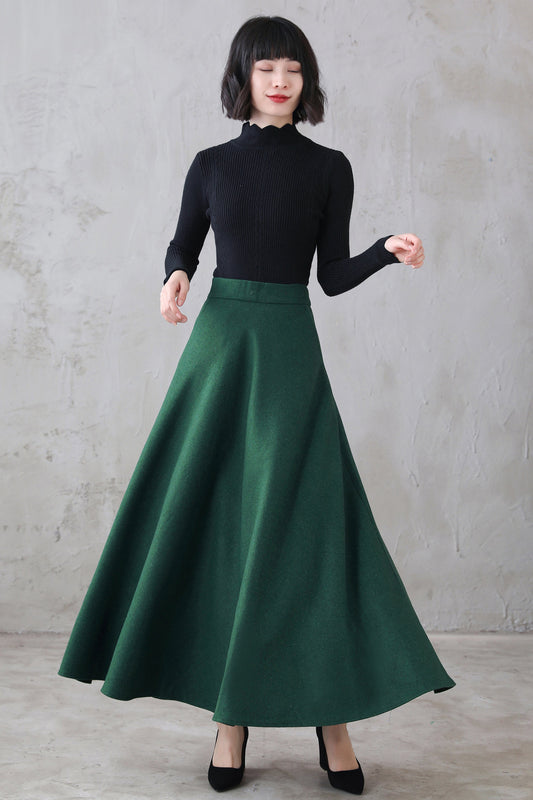 Handmade Wool Flared Maxi Skirt – Emerald Ankle Length with Pockets | Xiaolizi 3121