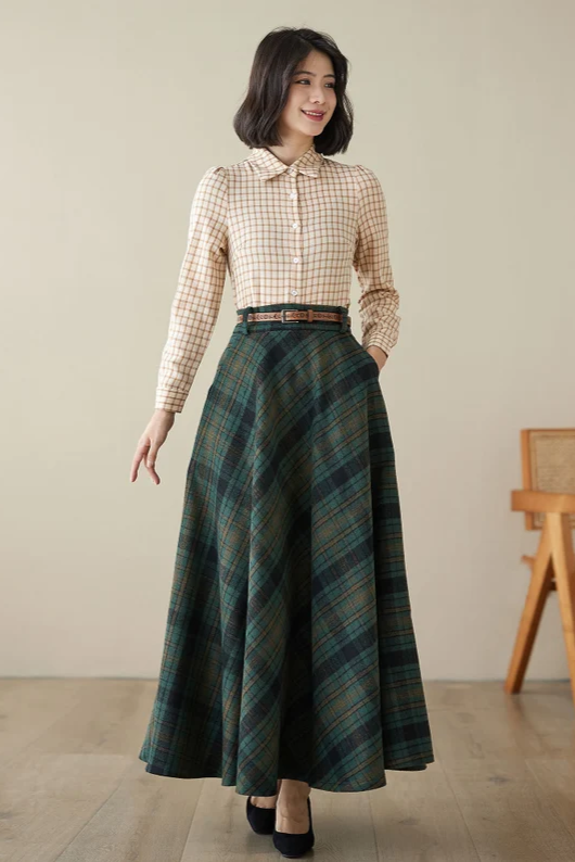 Green Plaid Wool Maxi Skirt – Vintage High Waist Ankle Length Skirt with Pockets 4621