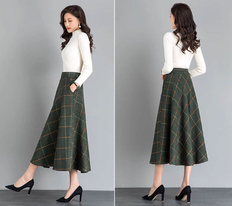 Green Wool A-Line Midi Skirt - Back Elastic Waist with Pockets 4641-2